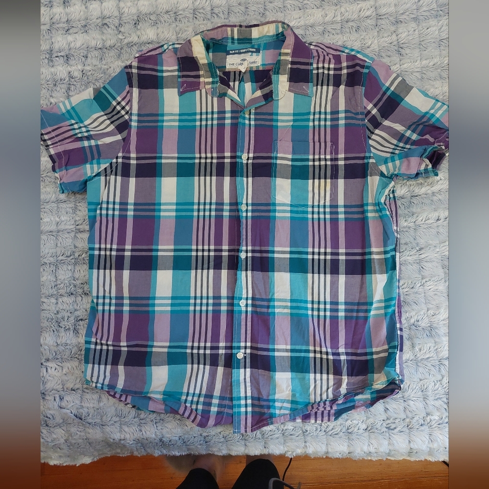 EUC Old Navy Short Sleeve Plaid‎ Button Down Shirt - Purple and Blue XLarge
